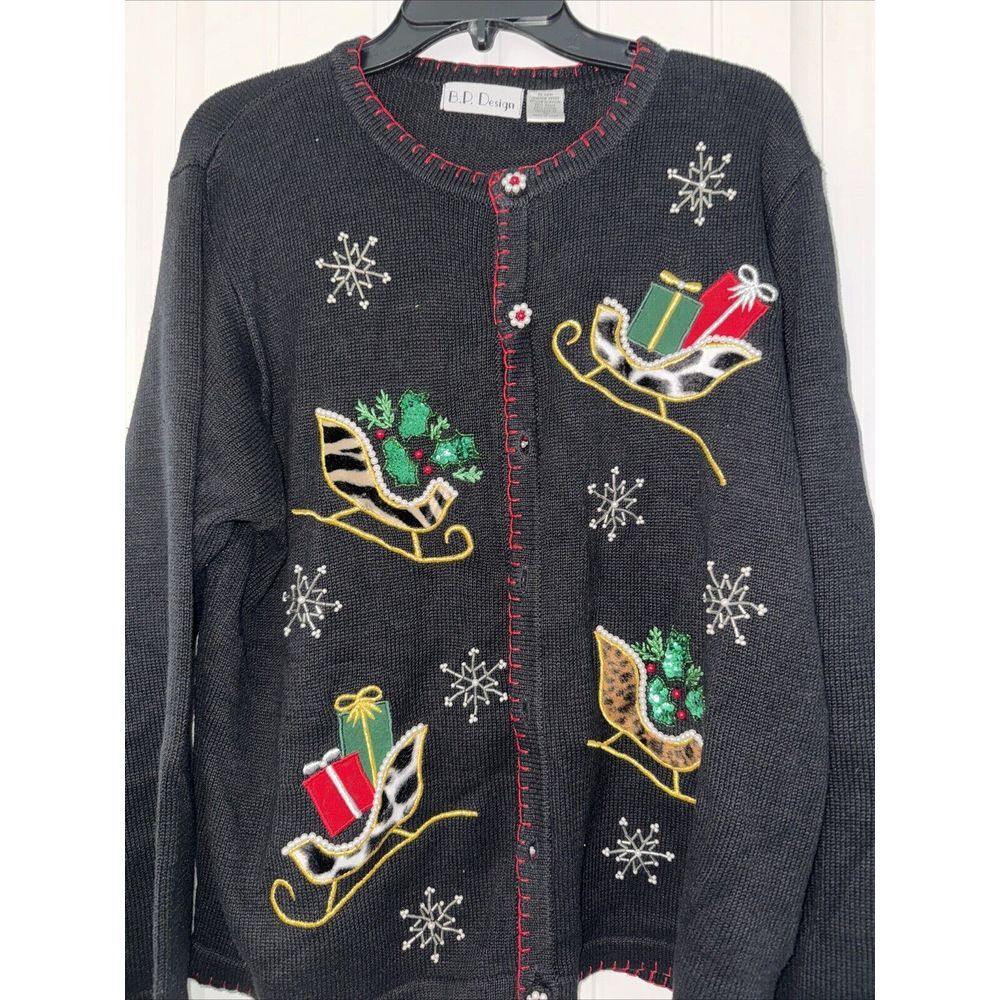 BP Design long sleeve black cardigan Christmas sweater with embroidery‎ womens L